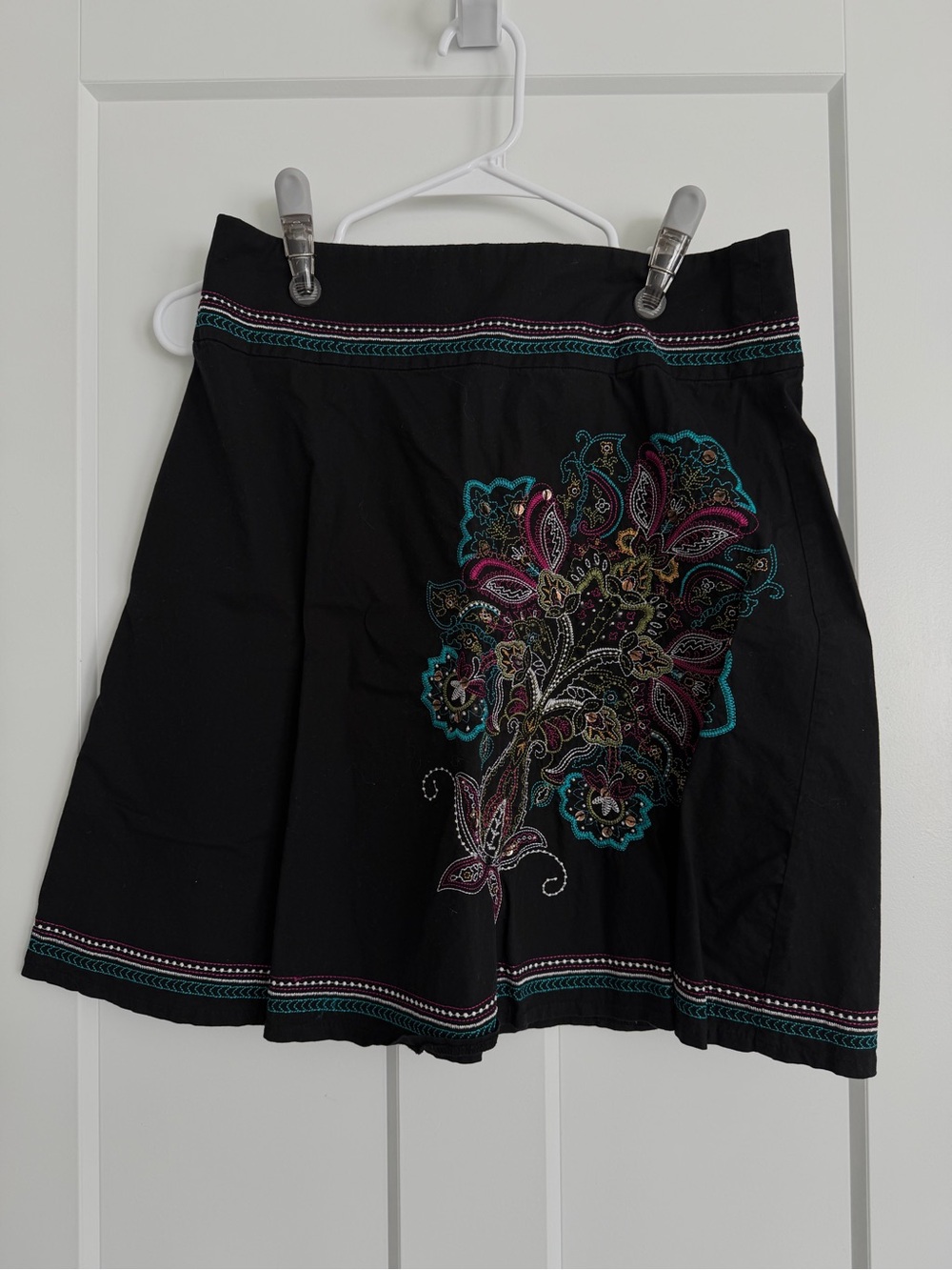 Heart Soul Black Skirt with Teal and Pink Embroidered Paisley
